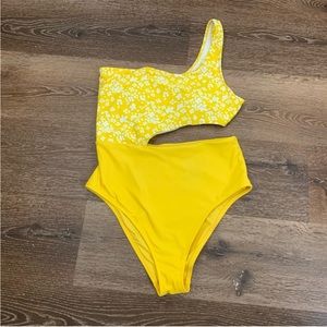 Aerie women’s yellow floral one strap cheeky one piece swimsuit M